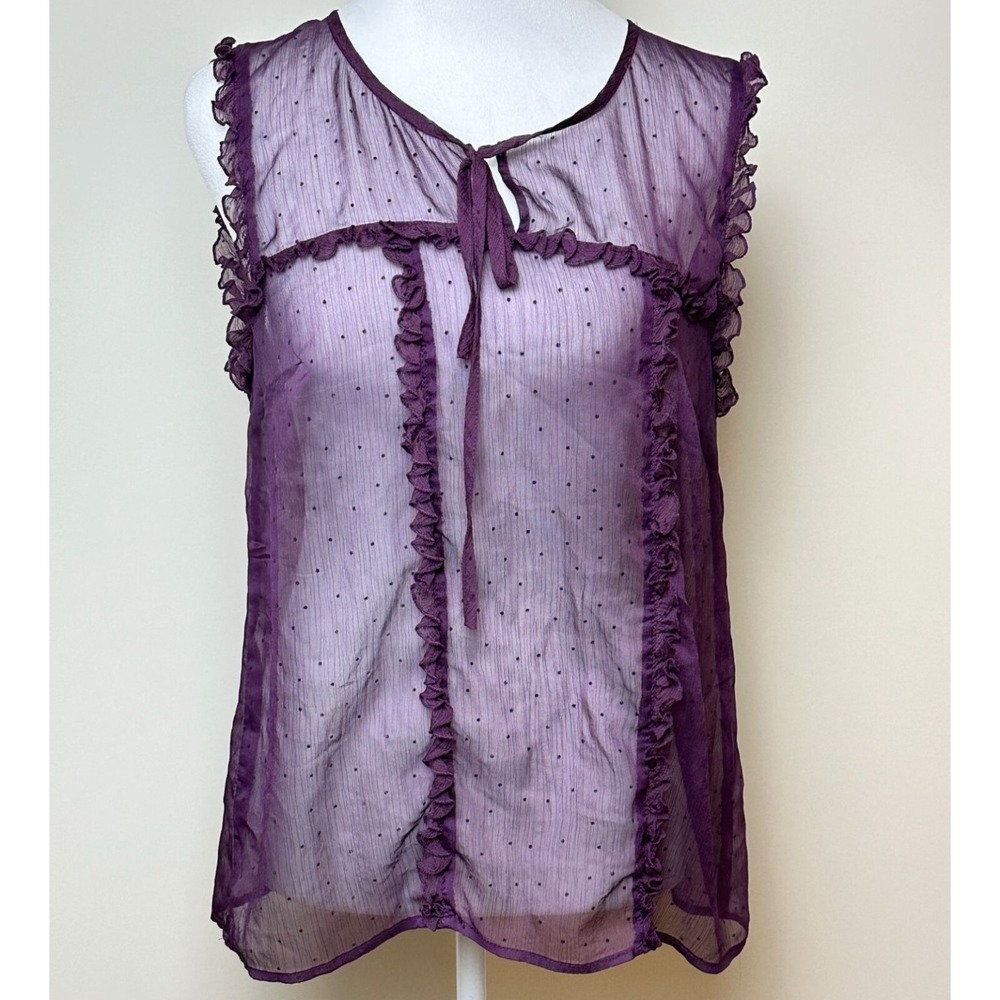 ModCloth Sheer Ruffle Blouse Swiss Dot Sleeveless Top Purple Tie Neck Small